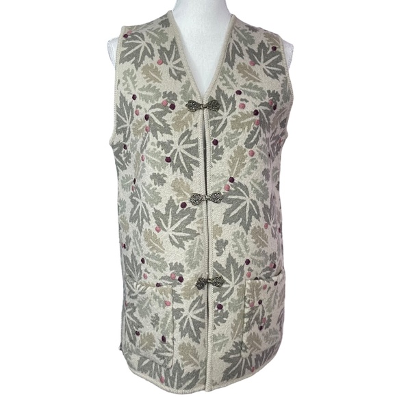 100% Wool Embroidered Vest S Woolrich Maple Leaves Boiled V-Neck Metal Clasp - Picture 15 of 15